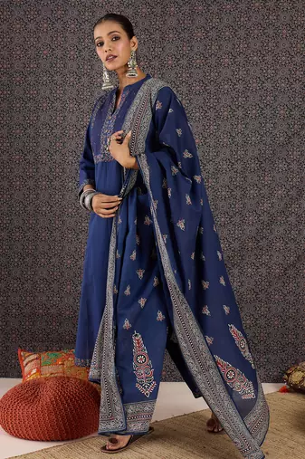 Blue pure cotton printed kurta trouser dupatta set