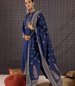 Blue pure cotton printed kurta trouser dupatta set