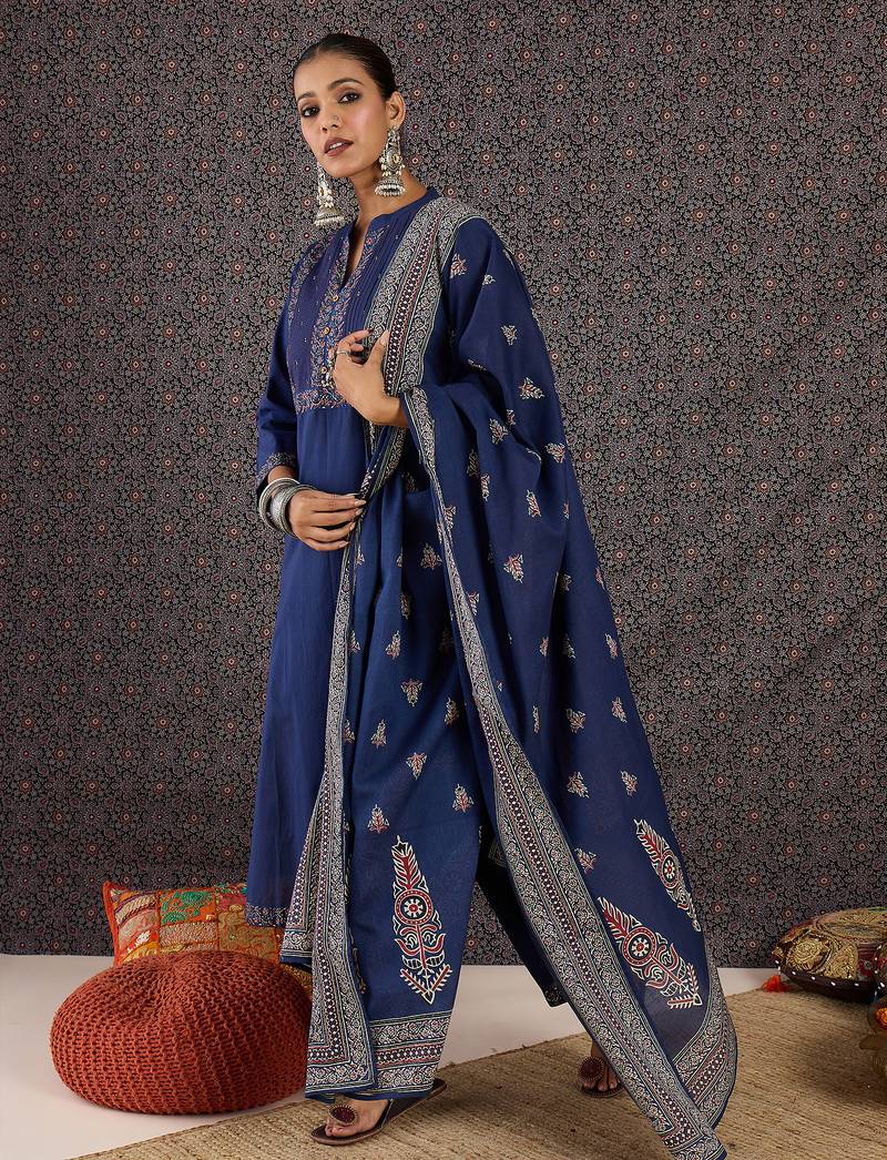 Blue pure cotton printed kurta trouser dupatta set