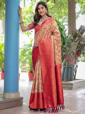 beige woven design floral zari kanjeevaram silk blend saree 1
