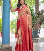 beige woven design floral zari kanjeevaram silk blend saree