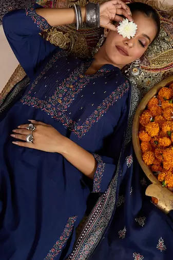 Blue pure cotton printed kurta trouser dupatta set