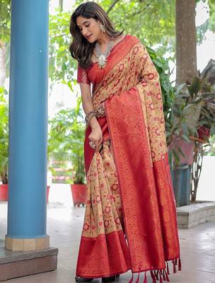 beige woven design floral zari kanjeevaram silk blend saree 2