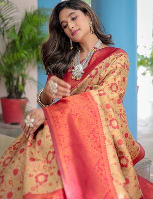 beige woven design floral zari kanjeevaram silk blend saree 3