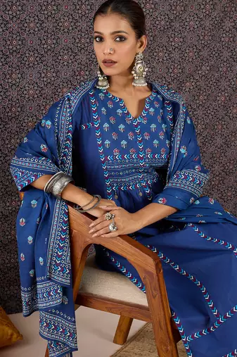 Blue pure cotton printed kurta trouser dupatta set