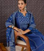 Blue pure cotton printed kurta trouser dupatta set