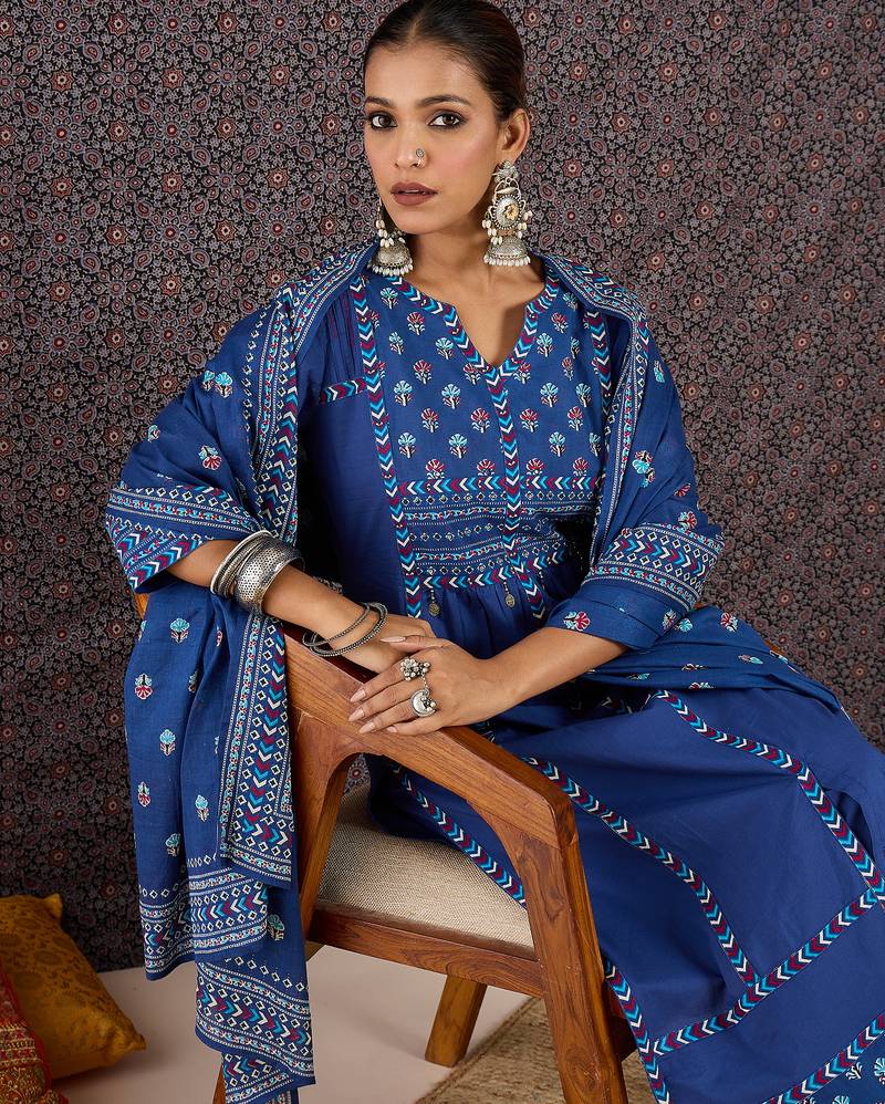 Blue pure cotton printed kurta trouser dupatta set