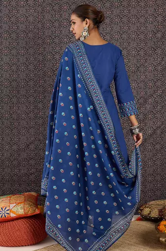 Blue pure cotton printed kurta trouser dupatta set