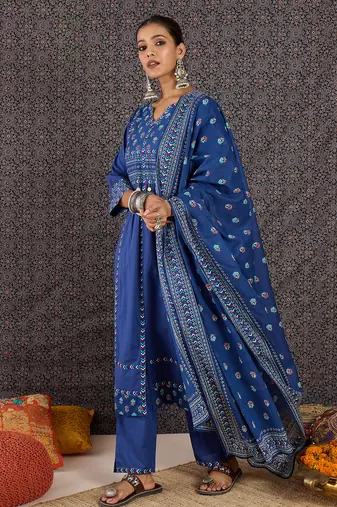 Blue pure cotton printed kurta trouser dupatta set