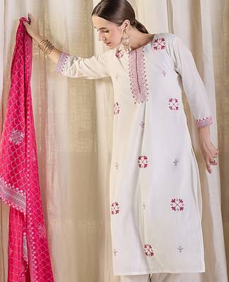White pure cotton embroidered kurta trouser dupatta set 1