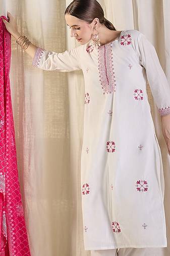 White pure cotton embroidered kurta trouser dupatta set