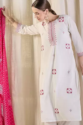 White pure cotton embroidered kurta trouser dupatta set