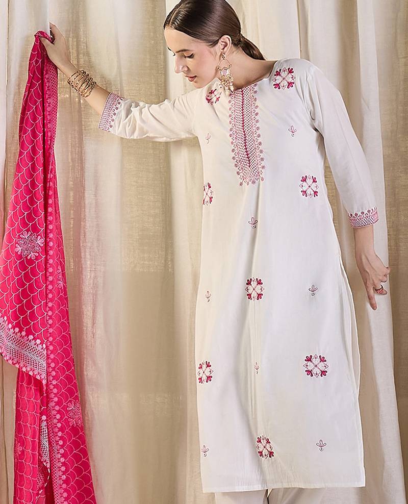 White pure cotton embroidered kurta trouser dupatta set