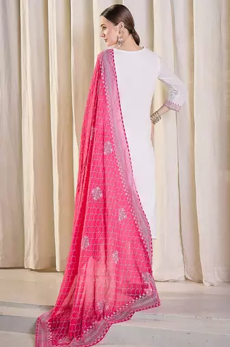 White pure cotton embroidered kurta trouser dupatta set