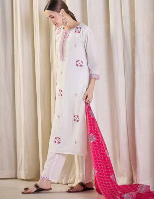 White pure cotton embroidered kurta trouser dupatta set 3