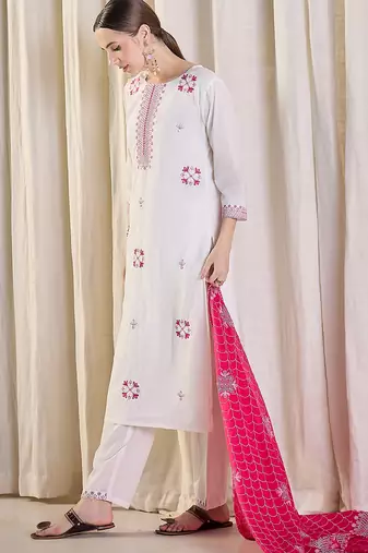 White pure cotton embroidered kurta trouser dupatta set