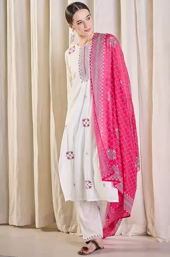 White pure cotton embroidered kurta trouser dupatta set