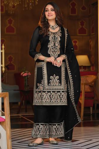 Black silk blend embroidered kurta trouser dupatta set