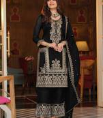 Black silk blend embroidered kurta trouser dupatta set