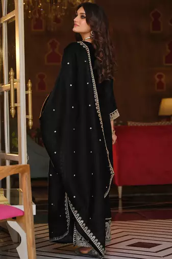 Black silk blend embroidered kurta trouser dupatta set