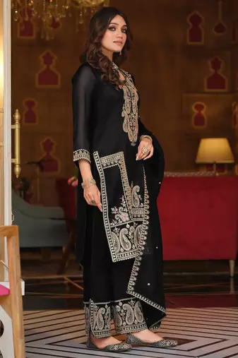 Black silk blend embroidered kurta trouser dupatta set