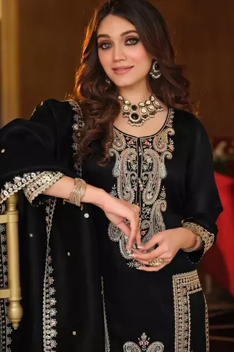 Black silk blend embroidered kurta trouser dupatta set