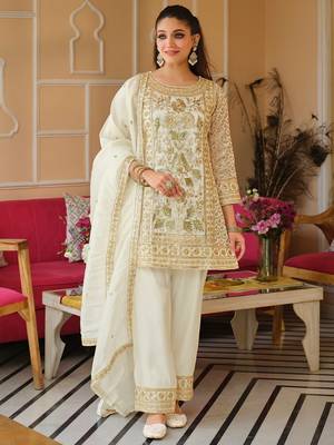 White silk blend embroidered kurta trouser dupatta set 1