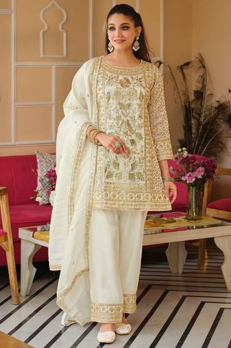White silk blend embroidered kurta trouser dupatta set