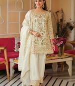 White silk blend embroidered kurta trouser dupatta set