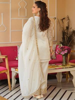 White silk blend embroidered kurta trouser dupatta set 2