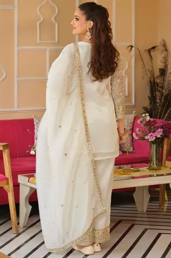 White silk blend embroidered kurta trouser dupatta set