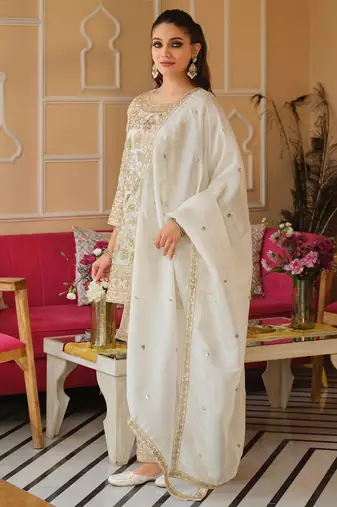 White silk blend embroidered kurta trouser dupatta set
