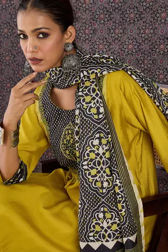 Green pure cotton printed kurta trouser dupatta set