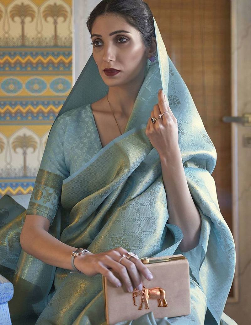 turquoise woven design zari kanjeevaram silk blend saree
