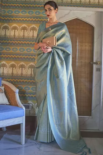 turquoise woven design zari kanjeevaram silk blend saree