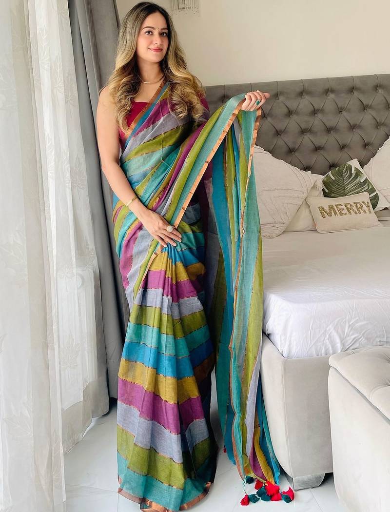 multicolor striped cotton blend handloom khadi saree