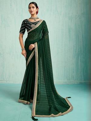 green embellished sequined chiffon saree 1
