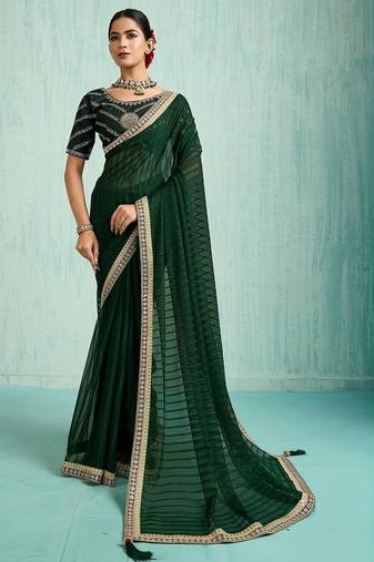 green embellished sequined chiffon saree
