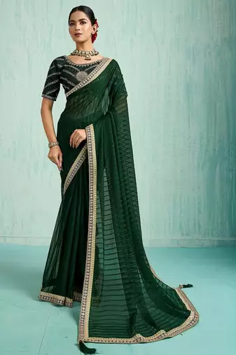 green embellished sequined chiffon saree
