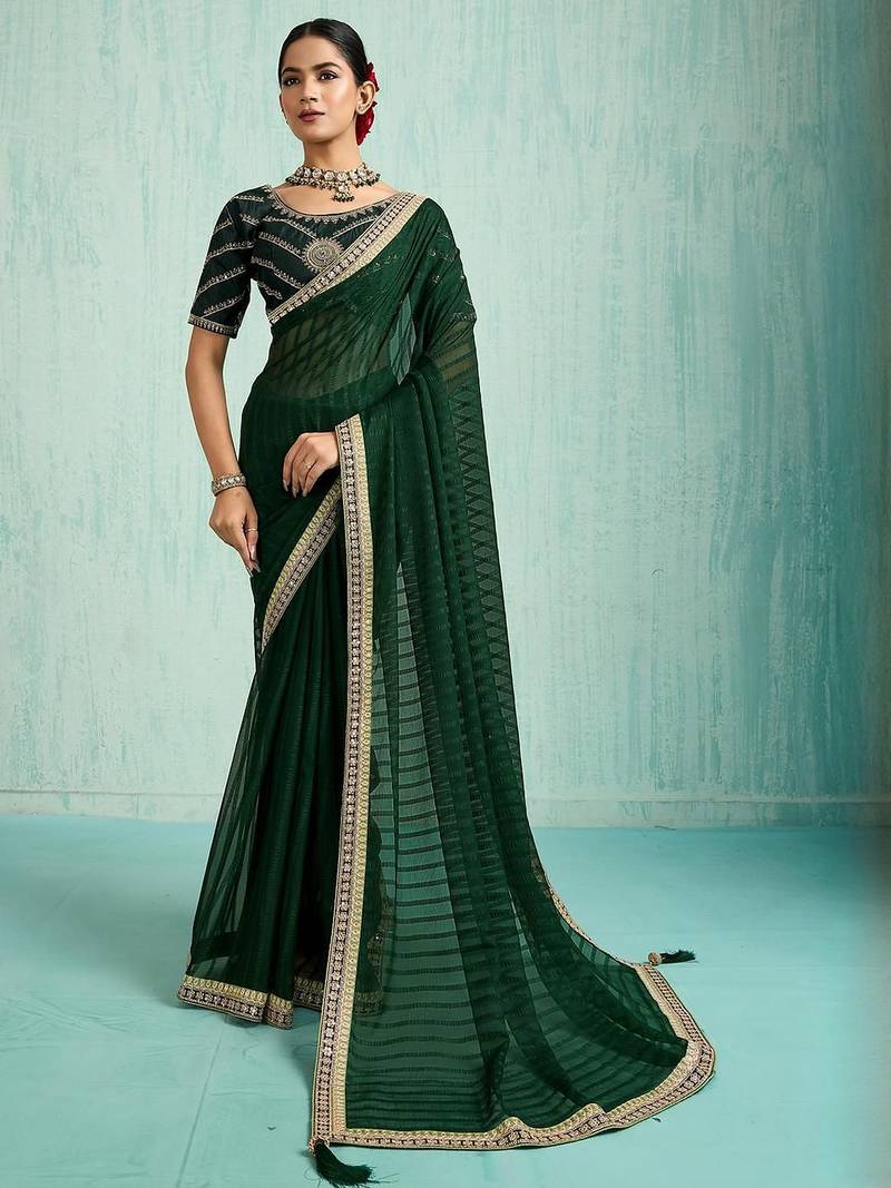 green embellished sequined chiffon saree