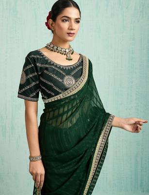 green embellished sequined chiffon saree 2