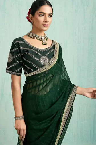 green embellished sequined chiffon saree