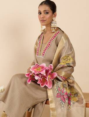 Beige silk embroidered kurta trouser dupatta set 2