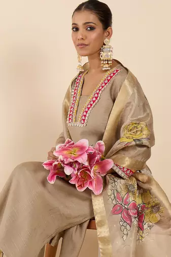 Beige silk embroidered kurta trouser dupatta set