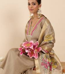 Beige silk embroidered kurta trouser dupatta set