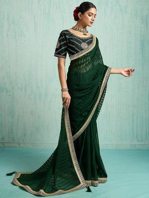 green embellished sequined chiffon saree 3