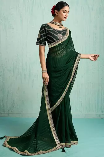 green embellished sequined chiffon saree