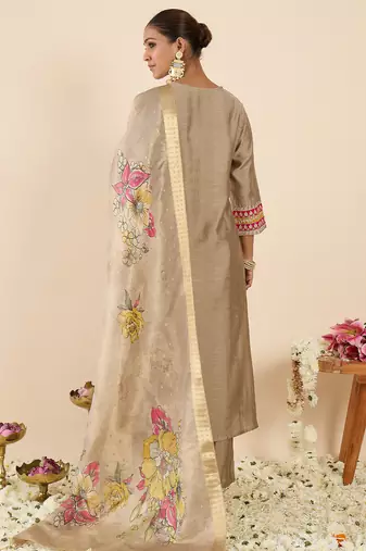 Beige silk embroidered kurta trouser dupatta set