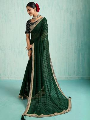 green embellished sequined chiffon saree 4