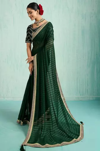 green embellished sequined chiffon saree